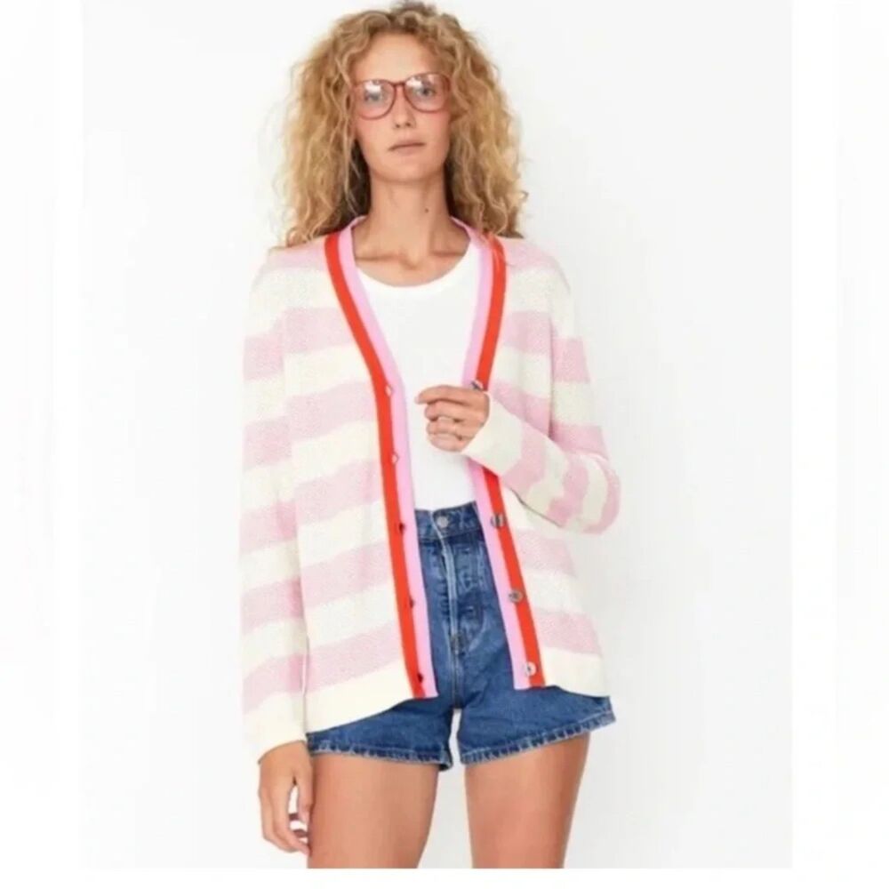 KULE The Raven Striped Cardigan Sweater Pink Cream Size Small